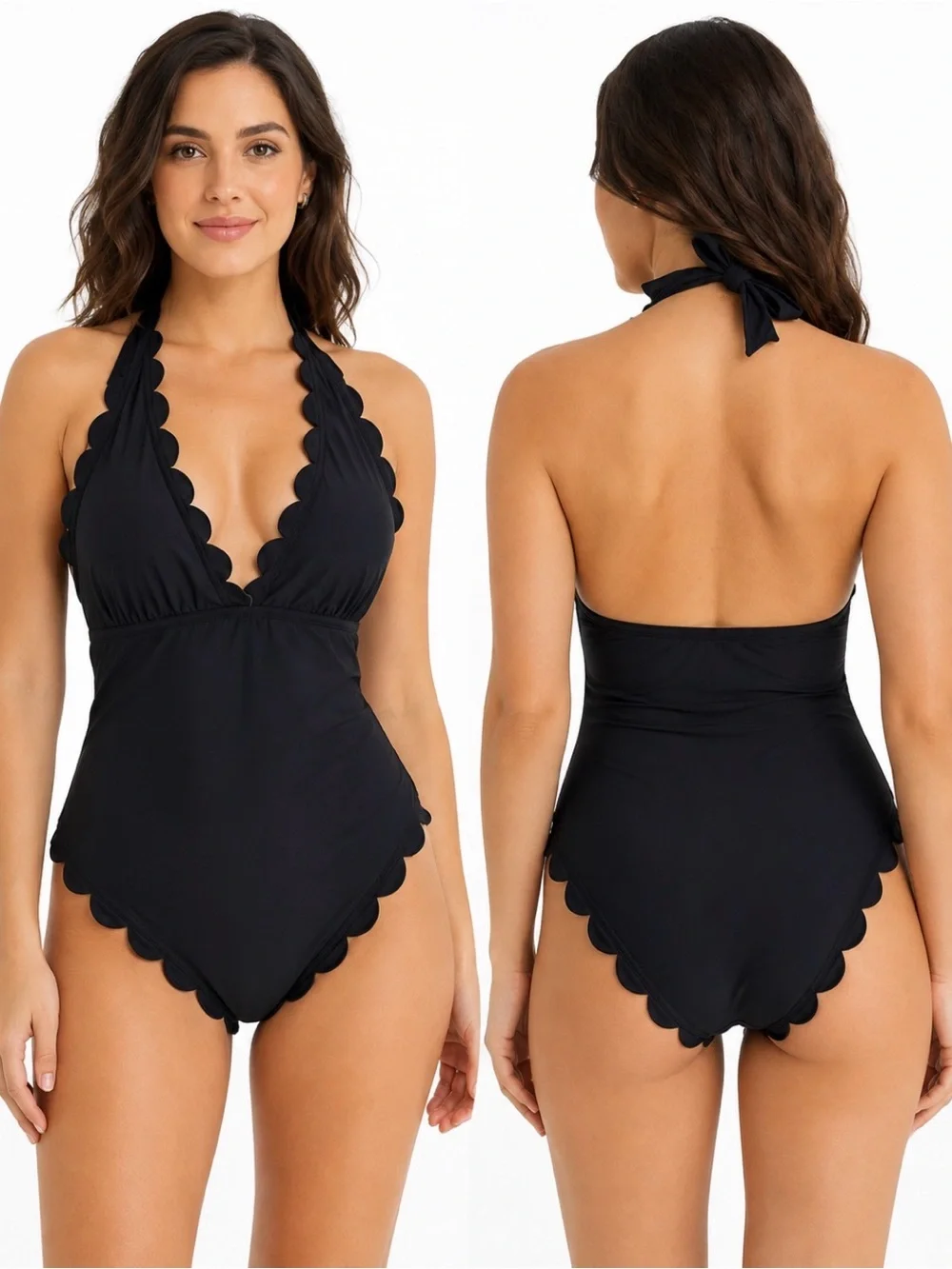 Keeper Fact Scalloped Halter One-Piece Swimsuit Black S Swimwear Beach Vacation